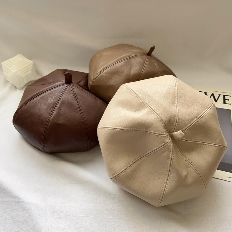 Японский однотонный берет из искусственной кожи женский черный универсальный маленький восьмиугольный головной убор ретро литературный художник шляпа бутон шляпа