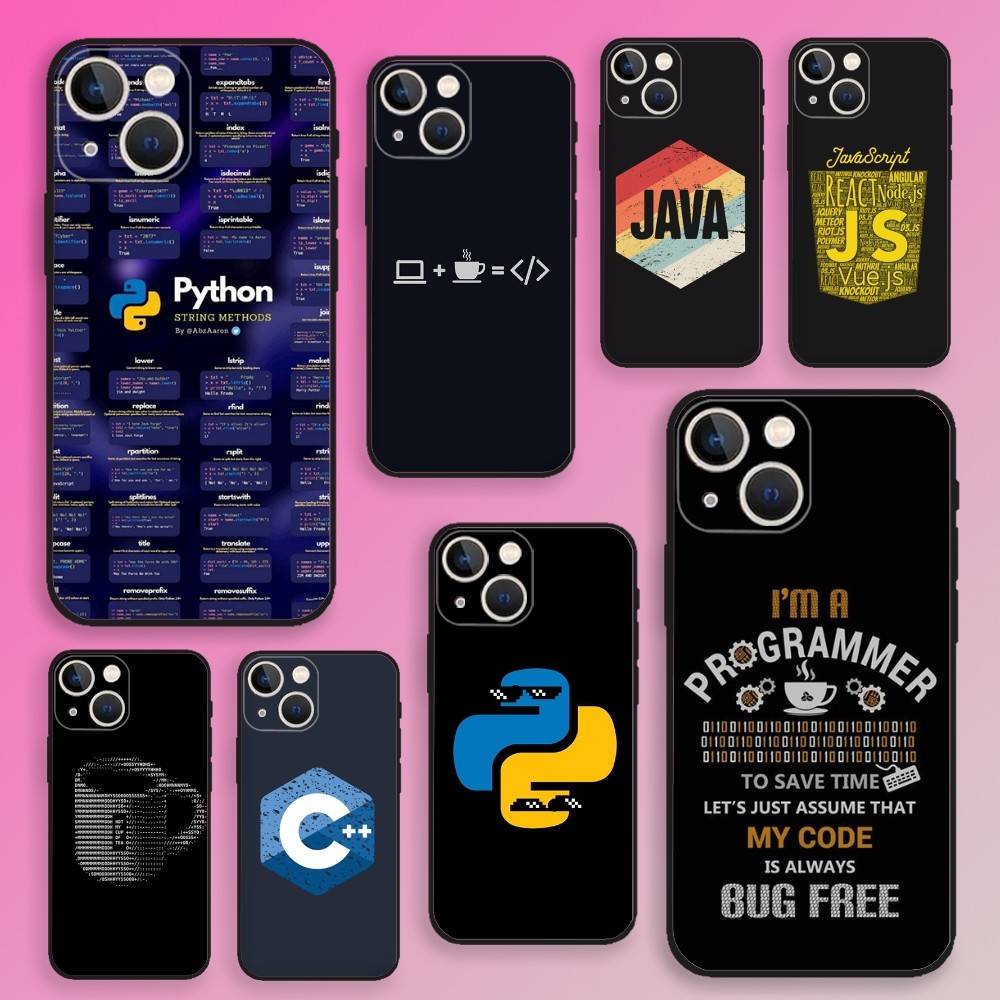 Чехол для телефона с языками программирования Java для iPhone 16,15,14,13,12,11,Plus,Pro Max,XS,X,E,SE,Mini Мягкий силиконовый Черный чехол