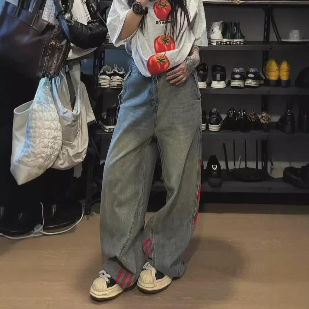 Джинсы унисекс с потертостями и полосками, коллекция весна 2024 г., свободный широкий крой