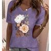 Fashion Peony Flower Painting Blouses Short Sleeved V-Neck T Shirts Casual