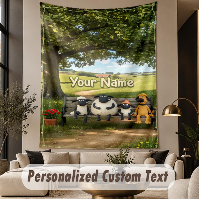 Custom Text Printed Tapestry Shaun the Sheep Pattern Large Wall Hanging Indoor Room Decor