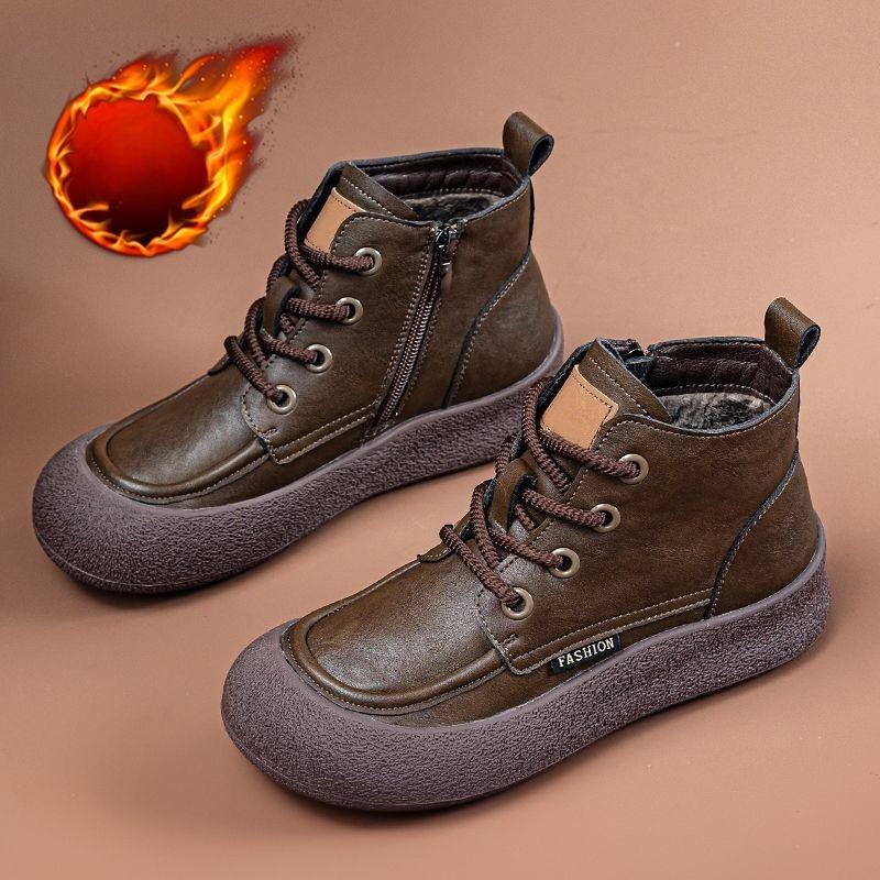 Ботинки на толстой подошве, Женская обувь, Флисовые ботинки, Новые ботильоны на платформе, Ретро ботинки