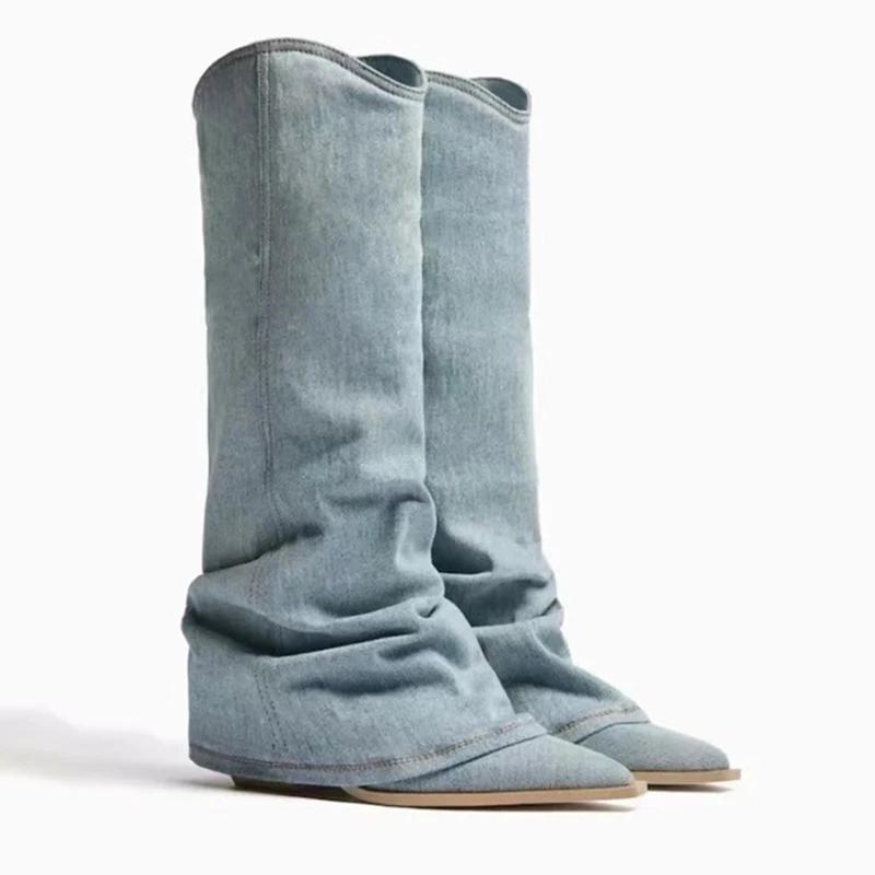 2024 Pleats Blue Denim Thigh High Boots for Women 2024 Autumn Thick Heeled Pointed Toe Cowboy Boots Woman Slip On Western Long Boots