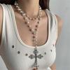 Diamond-set Pearl Beaded Cross Pendant Necklace Light Luxury Retro Collarbone Chain Niche Fashion High-end Jewelry Women