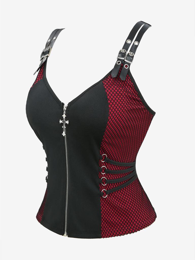 Rosegal Gothic Plus Size Ажурная вставка с перекрестной молнией на бретельках из искусственной кожи с пряжкой-люверсом