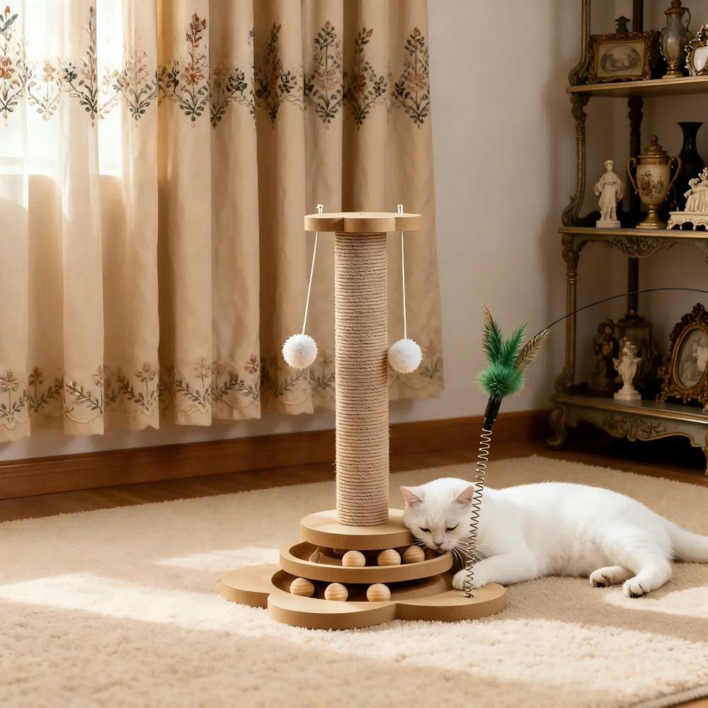Игрушка для кошек из цельного дерева, поворотный стол для кошек, забавные шарики-палочки для кошек, прочная сизаль, когтеточка, принадлежности для кошек, столбик для захвата кошек