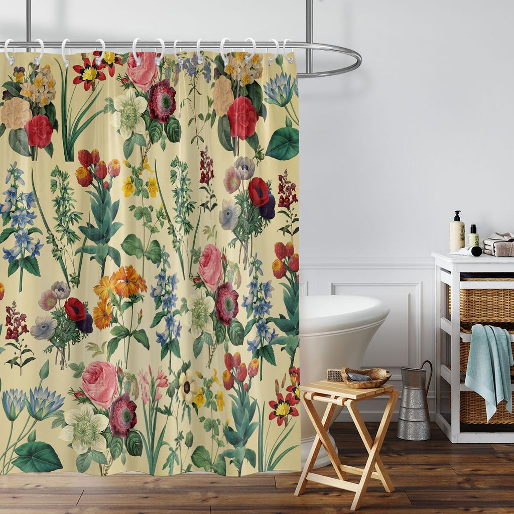 1Pc Retro Floral Pattern Printed Shower Curtain, Waterproof And Washable, With 12 Hooks,For Bathroom Showers, Bathtubs, Home Use