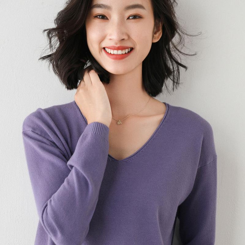 Модный корейский женский свободный пуловер с V-образным вырезом, однотонный свитер, осенне-зимний трикотажный базовый лонгслив, свитера большого размера
