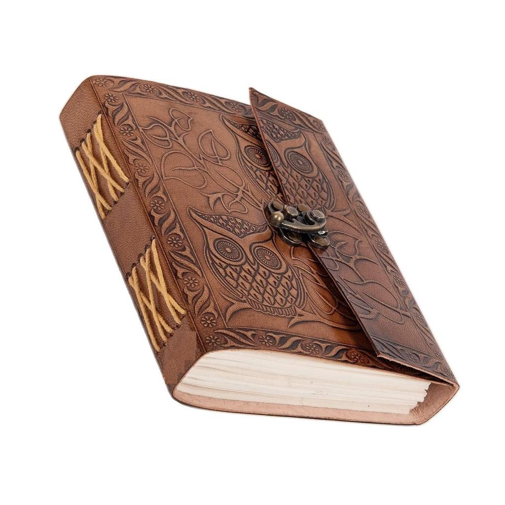 Owl Emboss Leather Journal Diary with Bronze C Lock, Vintage Leather Dairy. Size 5 X7 Inchs.