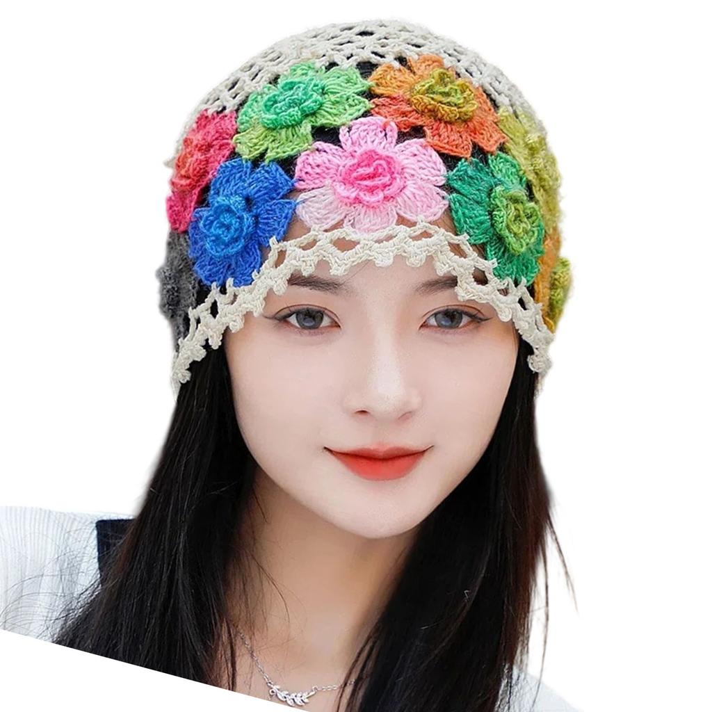 HollowOut Flower Cotton Beanie Hat Openwork Design Stretchy Skull Cap For Women Vacation Wear Photography Headpiece