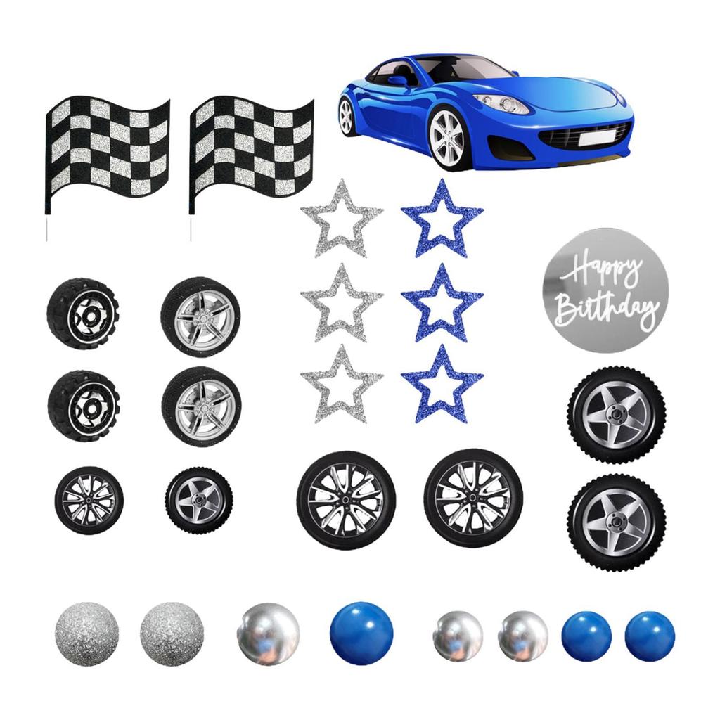 Racing Birthday Cake Topper Set Blue Car and Tyre Decor with Flags for Boy Children Party Supplies and Decorations