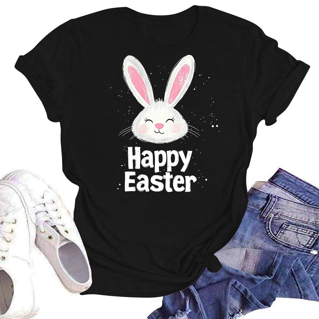Happy Easter Women's Fashion Printed Round Neck Short Sleeve T-Shirt Pullover Top