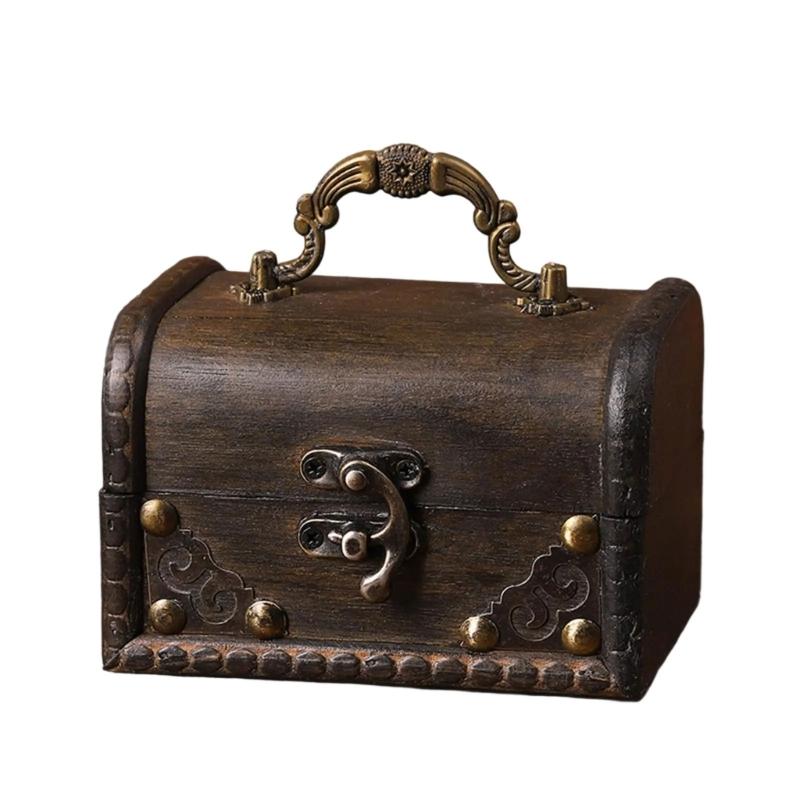 Vintage Wooden Treasure Chests Lockable Jewelry Storage Box Antique Style Decorative Organizers for Home Bedroom Decors