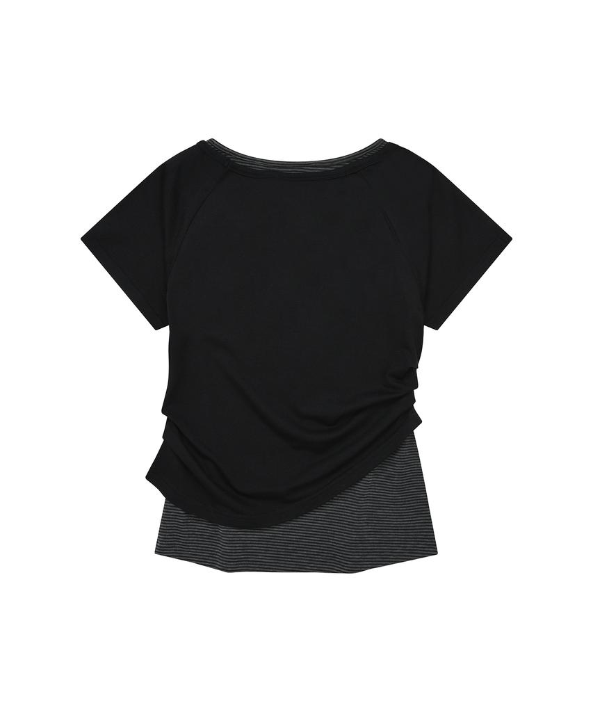 LMR Motif Embroidered Stripe Layered Short Sleeve T-Shirt Black Stripe