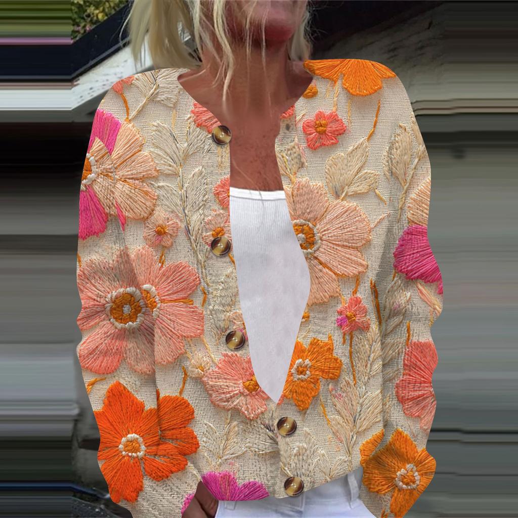 Женская повседневная мода ретро цветочный принт длинный рукав кардиган куртка на пуговицах