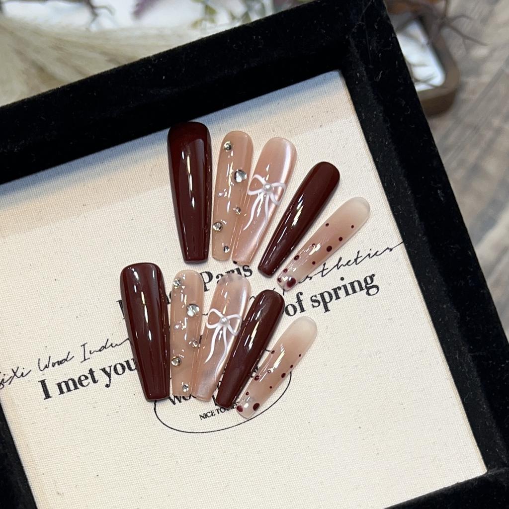 Длинный стиль Носимая броня Чисто ручная работа Кошачий глаз Бант Нейл-арт Осень и Зима Горошек Битый бриллиант Накладной ноготь Съемный