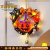 Halloween Wreath with Lighted Pumpkin Lantern, Glowing Door Hanging Decoration Props for Store Party Scene Atmosphere Layout