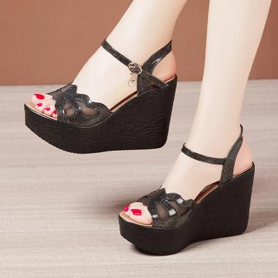 11см Маленький Размер 32-43 Сетка Цветочные Волнистые Толстая Подошва Сандалии Платформа Клинья Обувь 2025 Женские Сандалии на Высоком Каблуке Офис Пляж