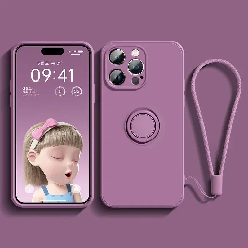 Жидкий силиконовый чехол для iPhone 17 16 16e 15 13 Mini 14 12 11 Pro Max Plus Держатель для телефона Кольцо-подставка Защитная крышка Ремешок на запястье
