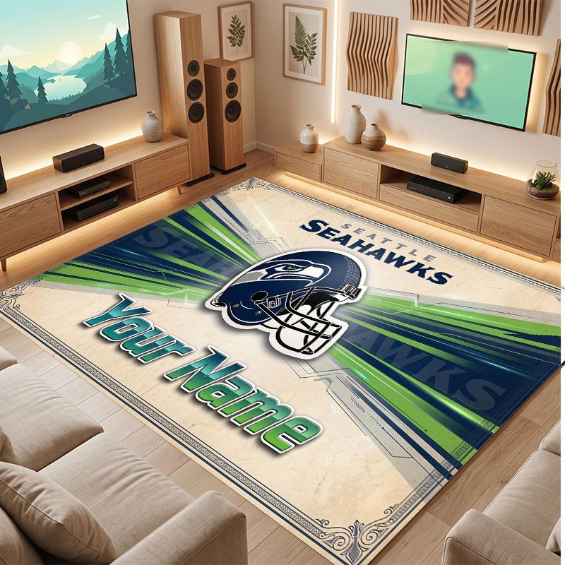 Seattle Seahawks Personalized Crystal Velvet Carpet, Customized Name Text Soft Anti‑Slip Rug for Living Room Bedroom