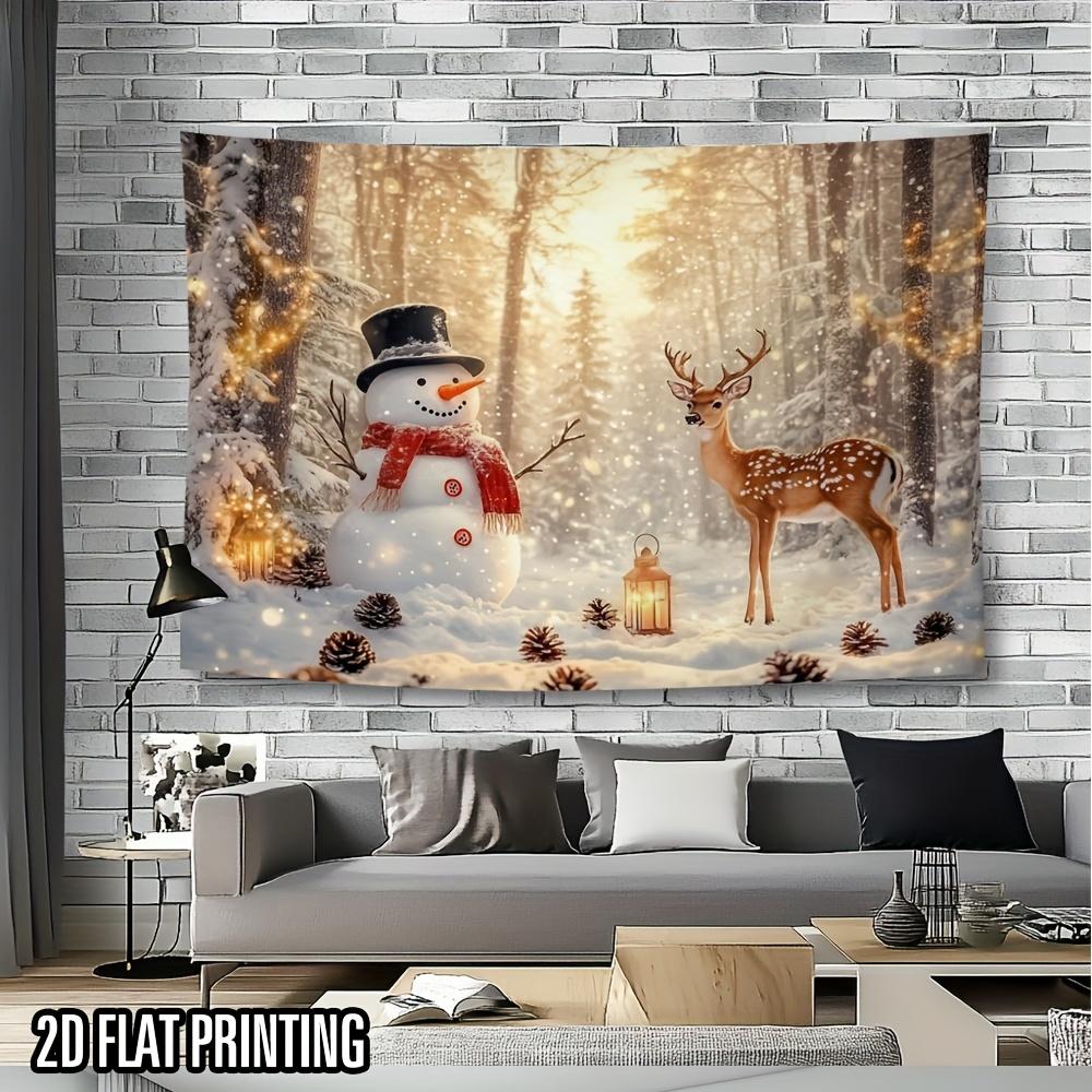 2D plane, 1 piece of winter snow forest snowman and deer lantern wall tapestry - 2D plane printed polyester fiberzyc