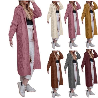 Женский осенне-зимний однотонный свободный вязаный свитер средней длины с капюшоном, свитер