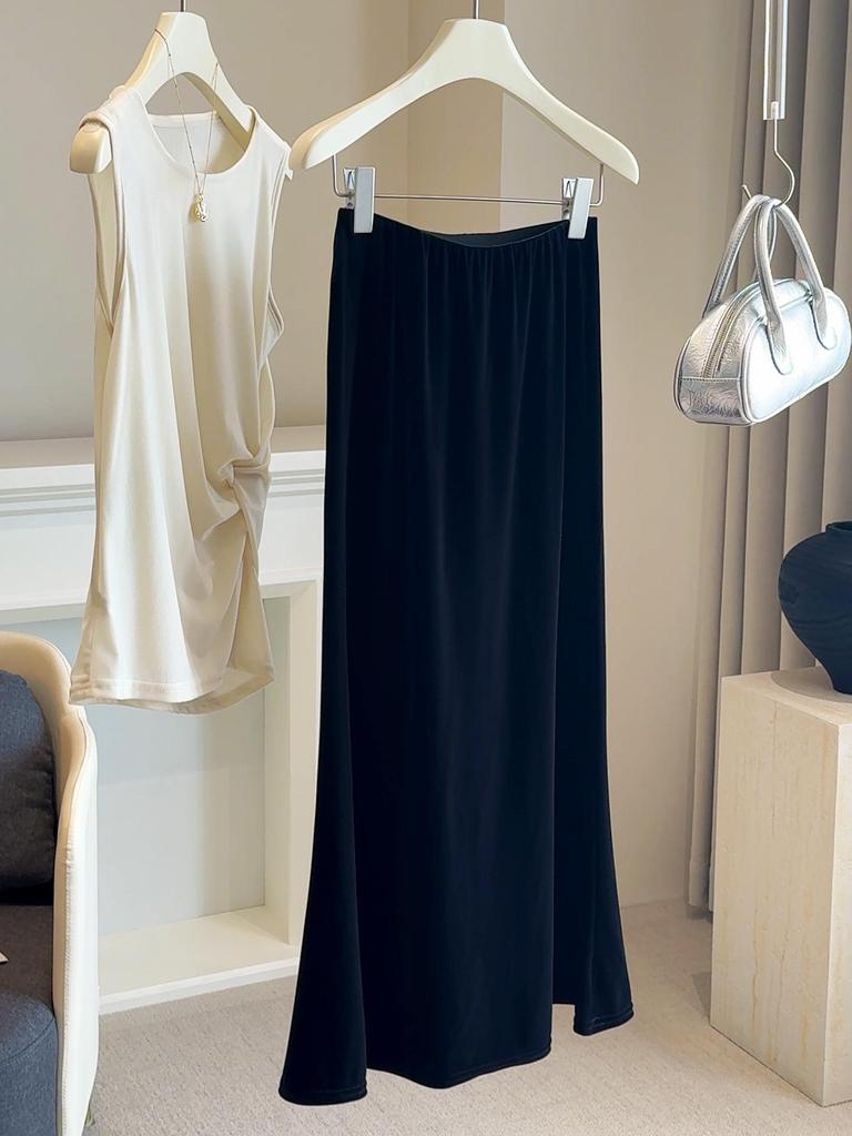 Юбка-годе из бархата с высокой талией для женщин - Мода осень/зима 2025, Приталенный стиль миди, облегающий бедра