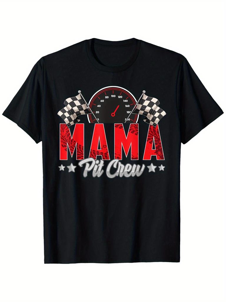 Mama Pit Crew Racing T-Shirt - Unisex Black Cotton Graphic Tee with Checkered Flags & Speedometer Design, Perfect Gift f