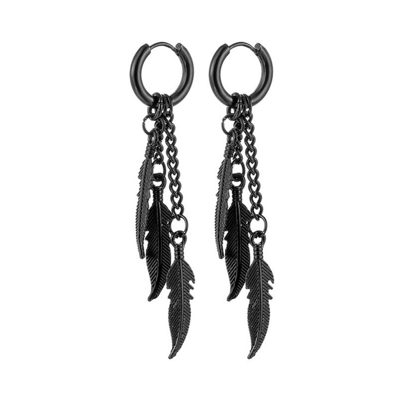 WKOUD 1 Pair Stainless Steel Earrings For Man/Women Feather Cross Pendant Long Tassel Unisex Hoop Punk Gothic Piercing Zircon