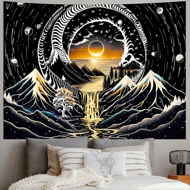 Amhokhui Black and White Tapestry Sun Mountain Tapestry Starry Night Aesthetic Tapestries Trippy River Landscape Tapestries Dark Wall Hanging Decor