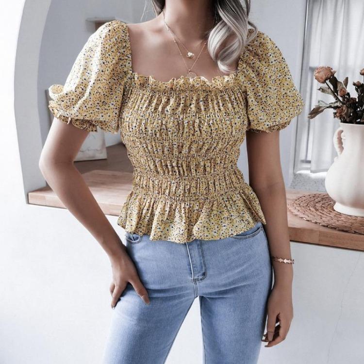 Шикарная женская блузка с цветочным принтом, весна-лето, квадратный вырез, короткий рукав-фонарик, оборка по низу, приталенная, шифоновый топ, простая S-XL