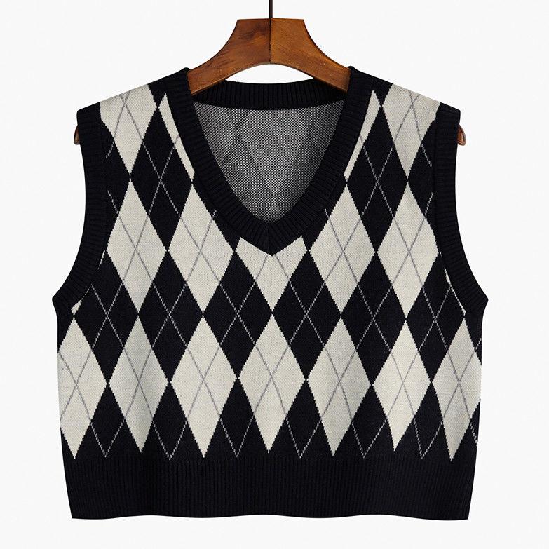 Корейский свитер, пуловер с ромбовидной сеткой, жилет с v-образным вырезом для женщин, весенне-осенний вязаный свитер, короткий жилет, женский пуловер