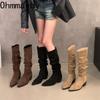 Осень Зима Острый Носок Толстый Каблук Женские Сапоги до Колена Обувь Мода Стриптиз Вечеринка Дамы Плиссированные Стройнящие Рыцарские Длинные Боты