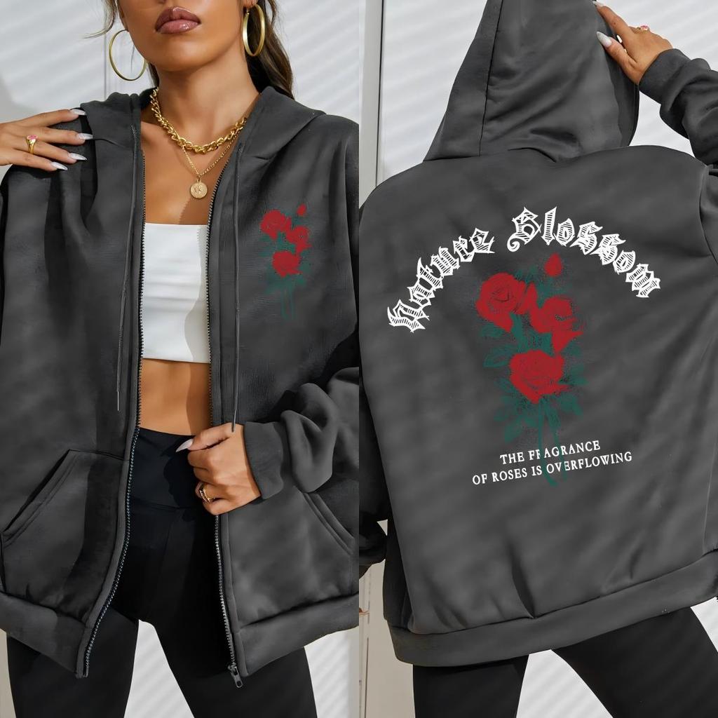 Nature Blooming The Roses Flower Prints Zipper Hoodies Women Casual All-Match Hoodie Loose Sportswear Clothing
