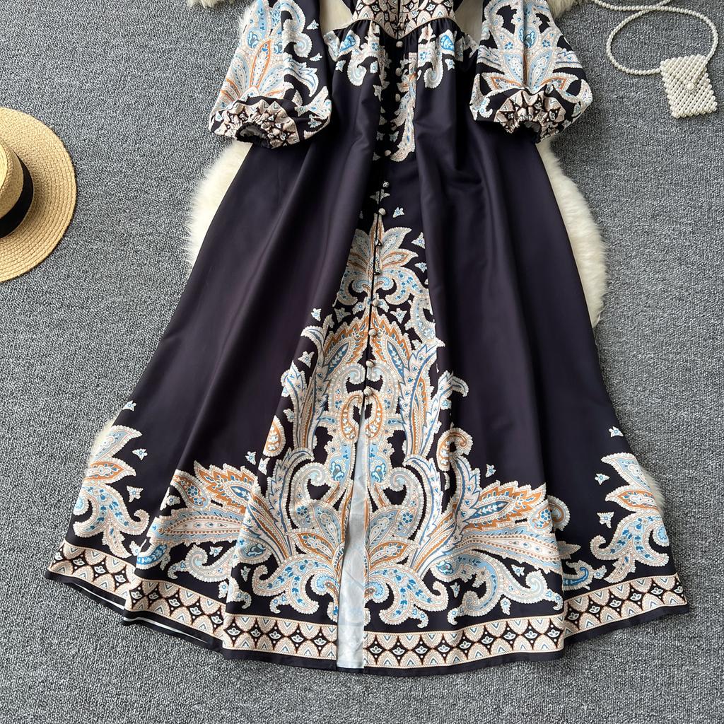 Элегантное длинное платье во французском стиле ретро, женские вечерние платья в придворном стиле с принтом пейсли, женские тонкие длинные платья трапециевидной формы с v-образным вырезом