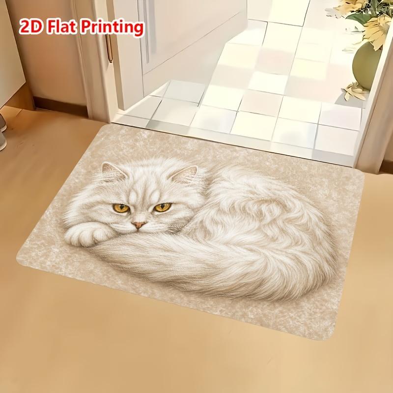 1pc, 2D Flat Printing White Long-Haired Cat Entrance Doormat, Non-Slip Machine Washable Easy-to-Clean Polyester Mat, Suitable for Home and Outdoor Dec