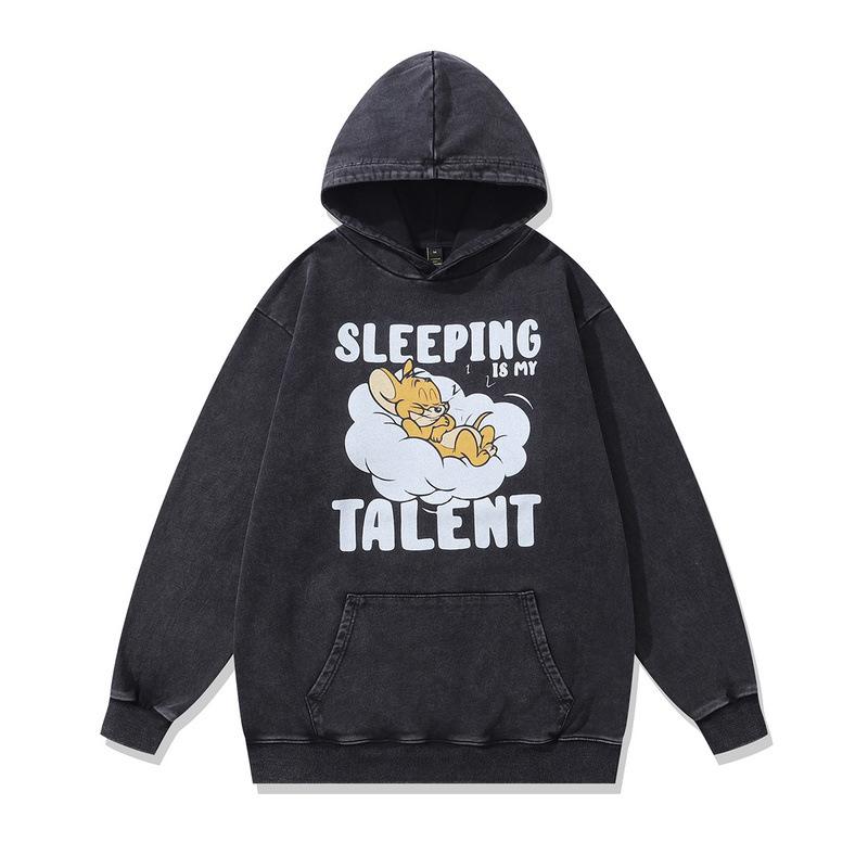 American Retro Hooded Sweater Men And Women Couple Butterfly Print Washed Old Hip Hop Jumper Hoodie