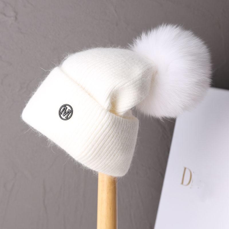 2023 Luxury Real Fox Fur Pom Pom Beanies Hat for Women Pompom Knitted Winter Hat Fashion Ear Protection Wool Hat