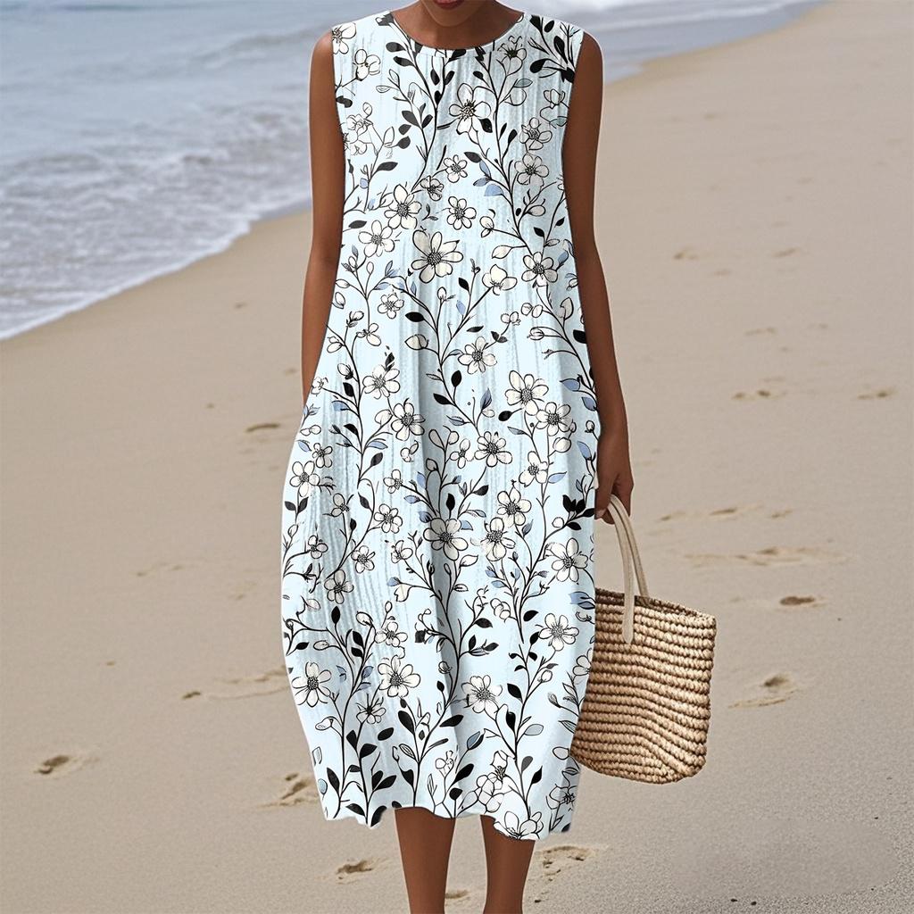 Women's Fashion Casual Sleeveless Round Neck Floral Elegant Temperament Dress