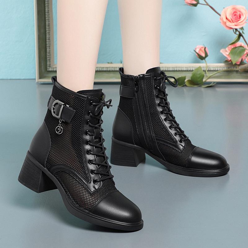 Модные дышащие сетчатые кожаные ботинки с вырезом, женские босоножки на платформе, лето 2024 года, повседневные ботинки на высоком каблуке