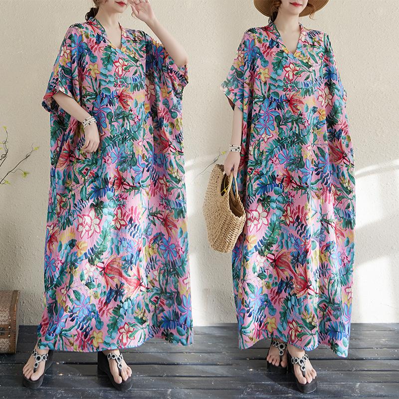 DIMANAF 2025 New Women Plus Size Summer Casual Floral Dress Vintage Long Dress Loose Basic Holiday Maxi