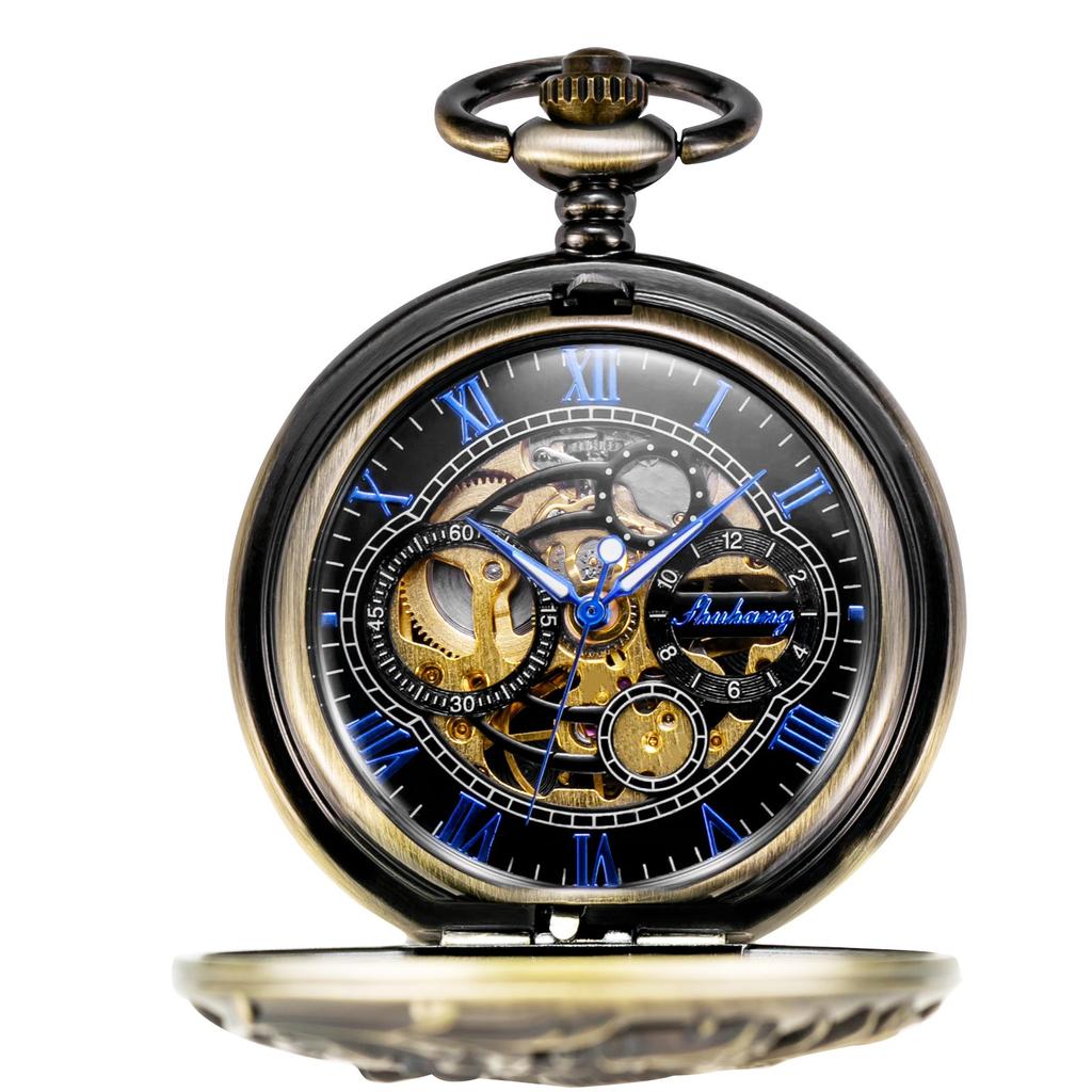 TREEWETO Механические карманные часы со скелетоном и цепочкой, ручной завод, двусторонняя крышка, кружево с драконом