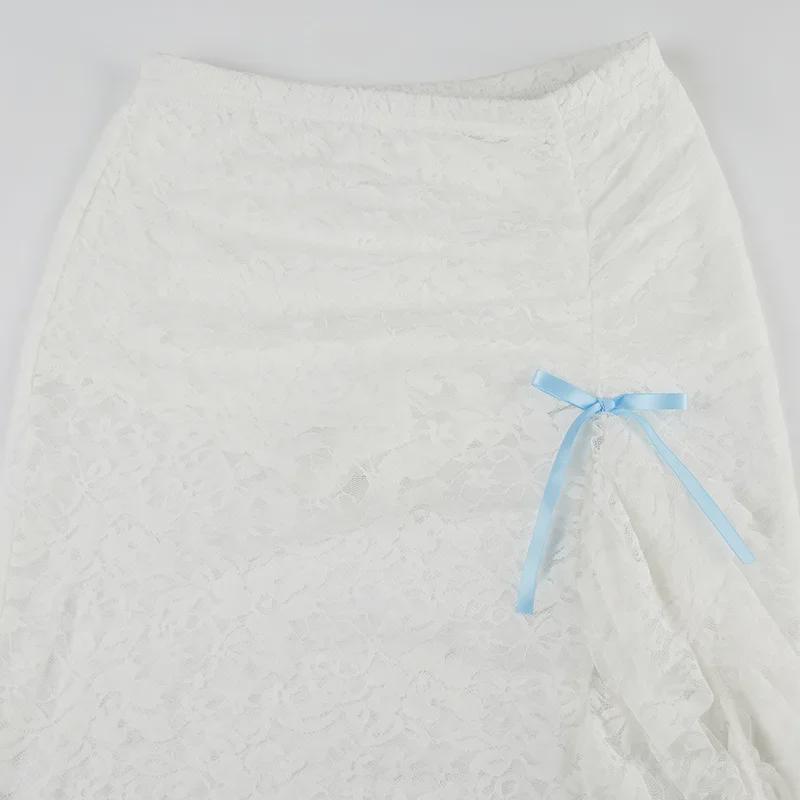 2024 Elegant Lace Slit Skirt with Bowknot & Ruffles