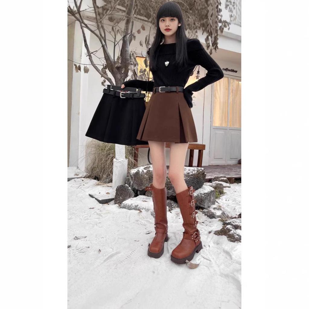 2024 Осень/Зима Юбка миди А-силуэта со складками, с высокой талией, из смесовой шерсти в британском стиле