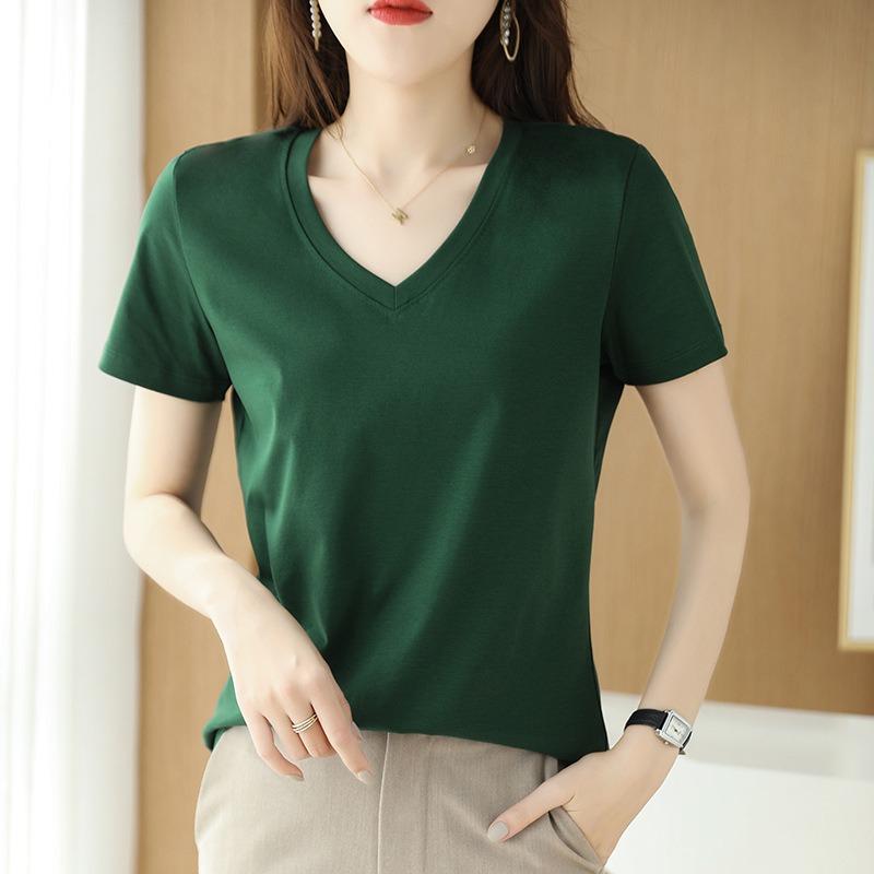Summer New Mercerized Cotton Short-sleeved T-shirt V-neck Women's Heart-neck Top