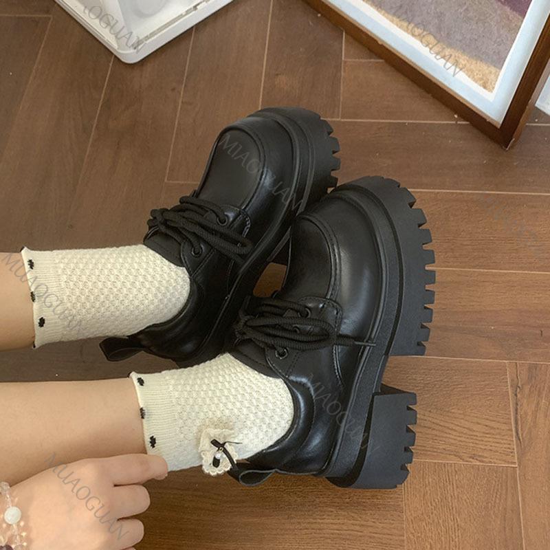 Модные женские кожаные туфли на толстой подошве в британском стиле, туфли-лоферы на шнуровке, ретро туфли на высоком каблуке Мэри Джейн, модная обувь на каблуке