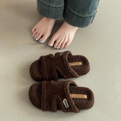 Повседневные пушистые тапочки для девочек в стиле ретро, модные на осень и зиму, замшевый верх, нескользящая подошва, мех интегрированный, на толстой подошве