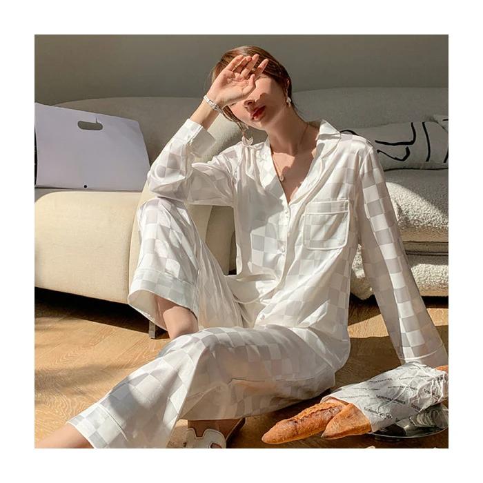 Весна Осень Новинка Ледяной Шелковый Пижамы Женский Кардиган с Застежкой-Ломтиком Женский Комплект Из Двух Частей Элегантная Фиолетовая Женская Пижама
