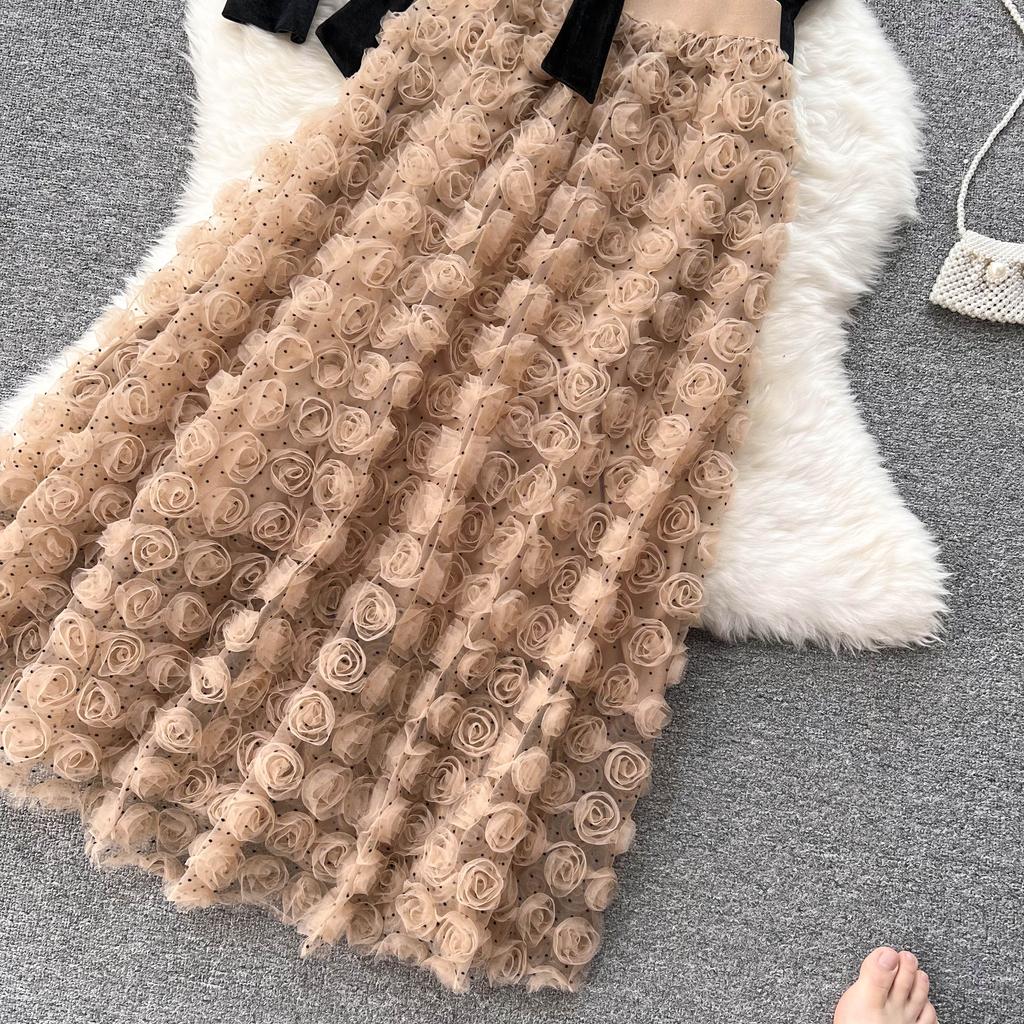 Korean Three-Dimensional Flower High Waist Slim Skirt Loose Bubble Sleeve Velvet Top Sweet Suit Skirt Two-Piece Set