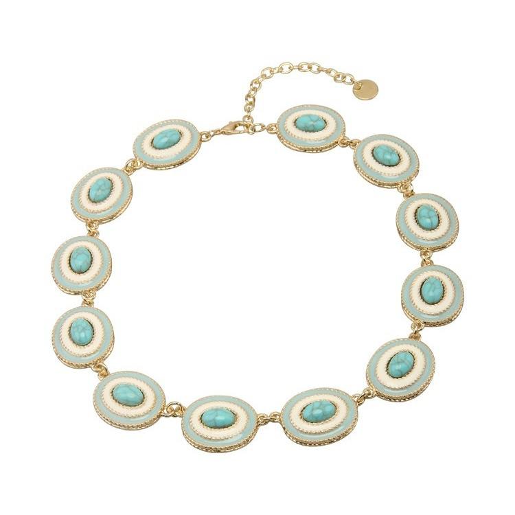 Французские ретро овальные серьги и ожерелье из бирюзовой эмали с натуральным камнем